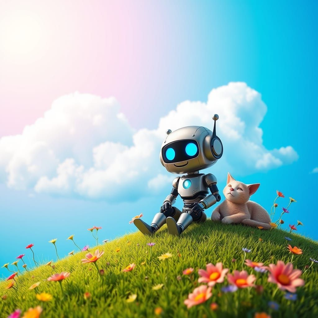 Robot and Cat on Meadow in 3D Digital Art