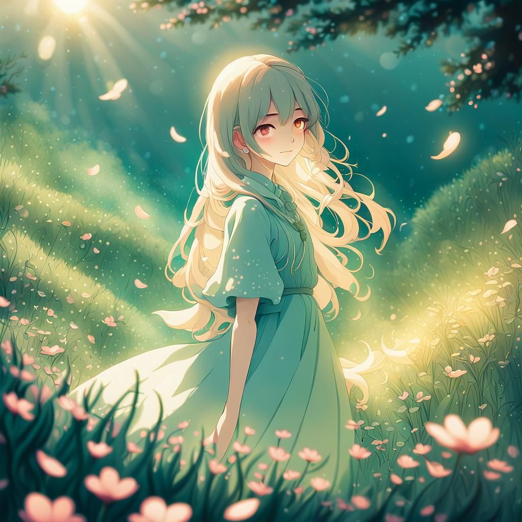 Anime Girl in Meadow with Cherry Blossoms