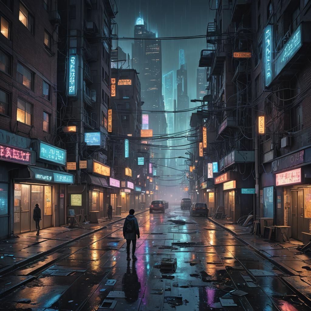 Dystopian Future: Lone Figure in Cyberpunk Cityscape