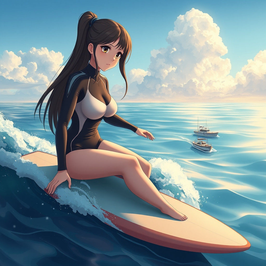 Giant Surfer Girl in Anime Style on the Ocean