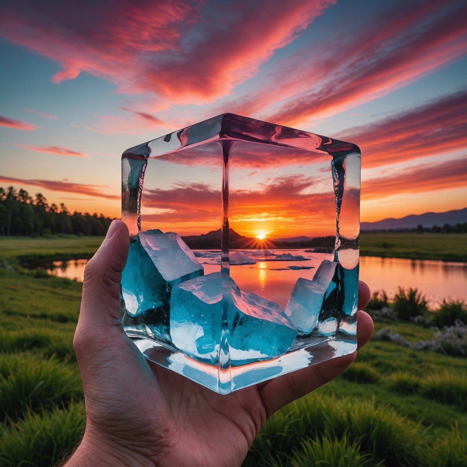 Ice Cube Sunset Over Lush Landscape