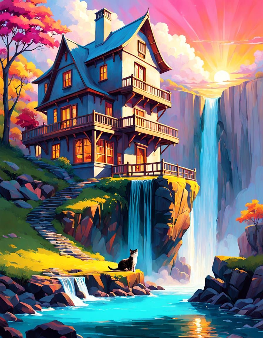 Vibrant Sunset Oasis with Gemstone Kitten and Cliffside Pala...