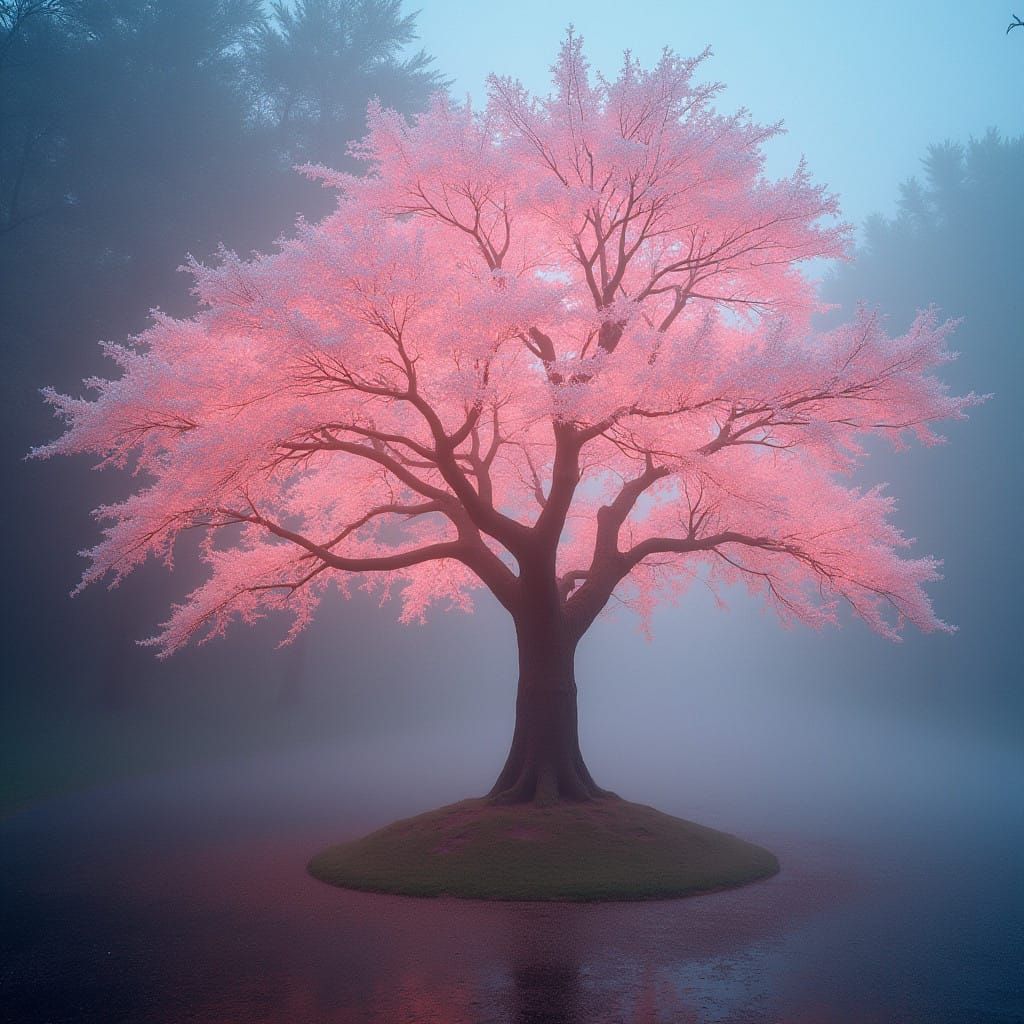 Ethereal Glass Sakura Tree in Mesmerizing Dreamlike Setting