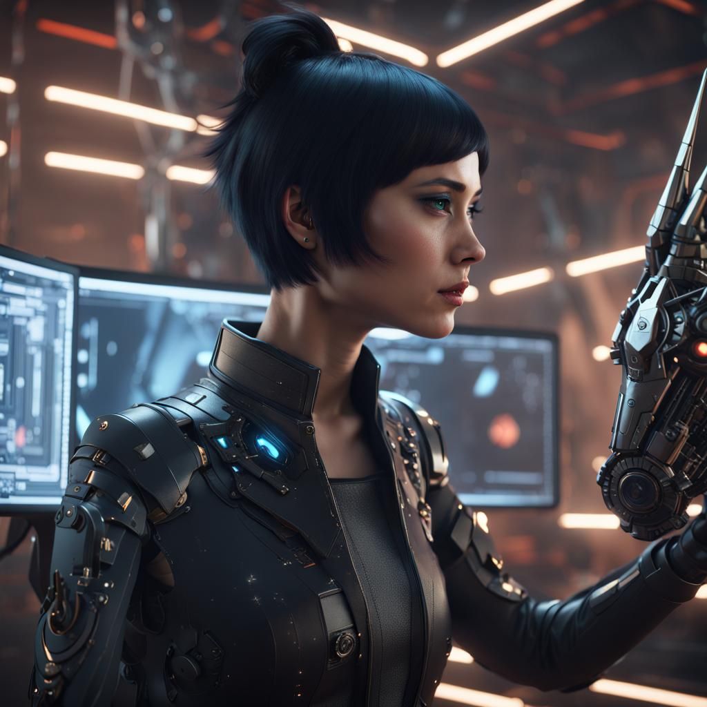 Futuristic Woman and Digital Unicorn in Sci-Fi Scene