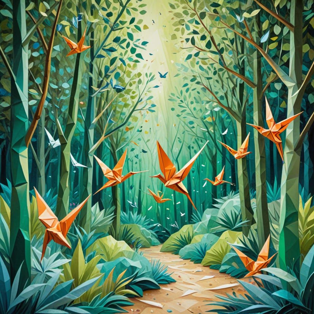 Whimsical Origami Forest with Paper Cranes and Animals