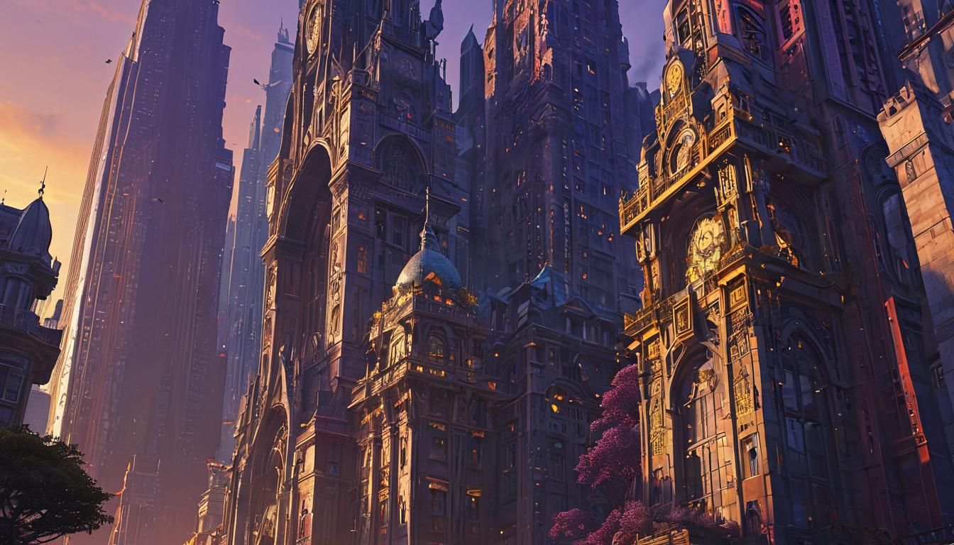 Futuristic Cityscape at Sunrise in Dark Fantasy Style