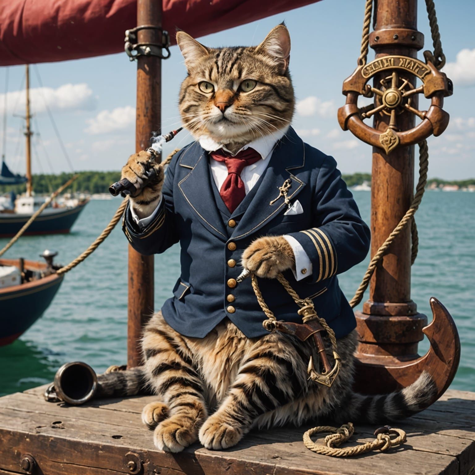 Vintage Cat Smoking Pipe on Anchor