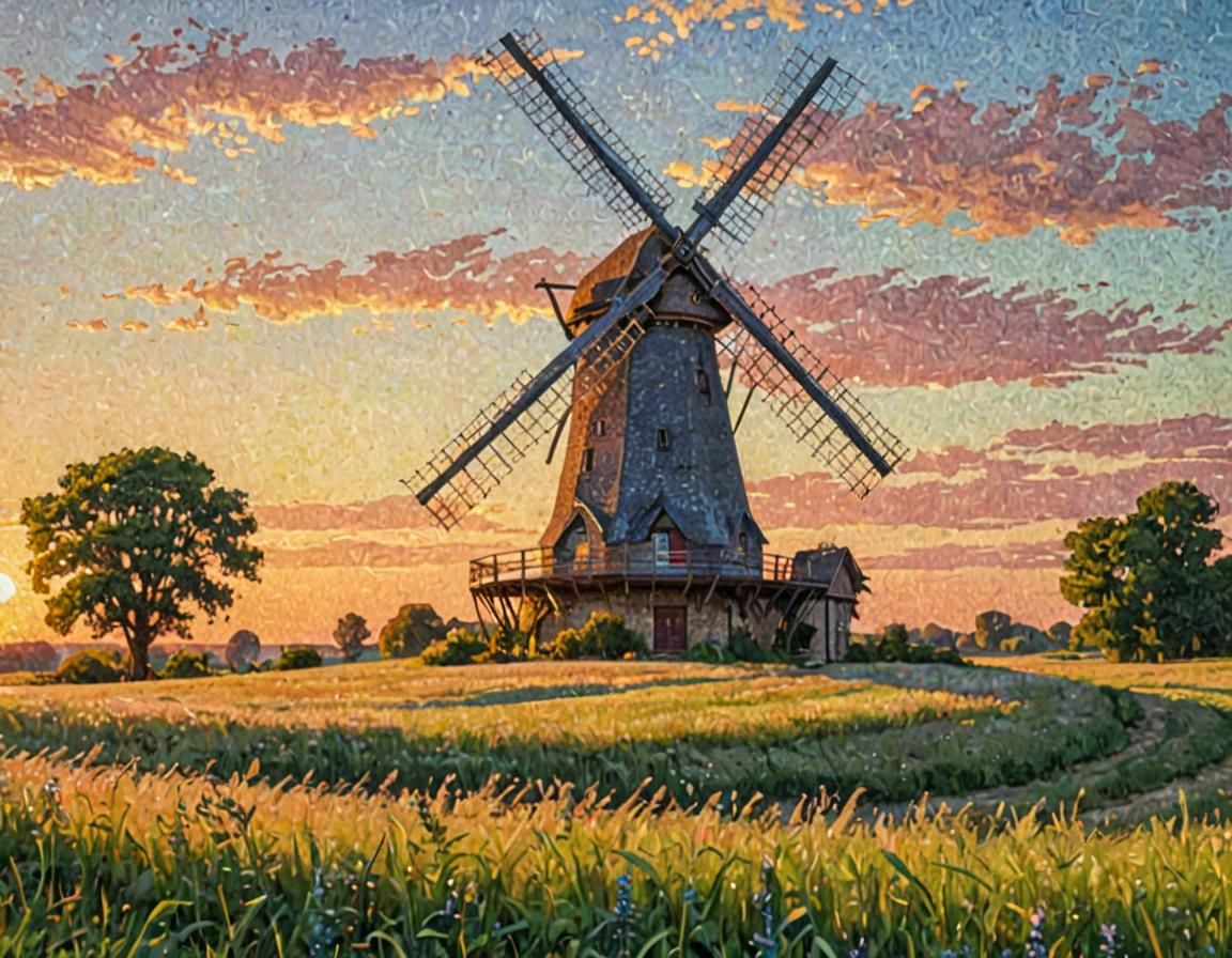 Giant Windmill in Meadow: Pointillist Summer Sunset