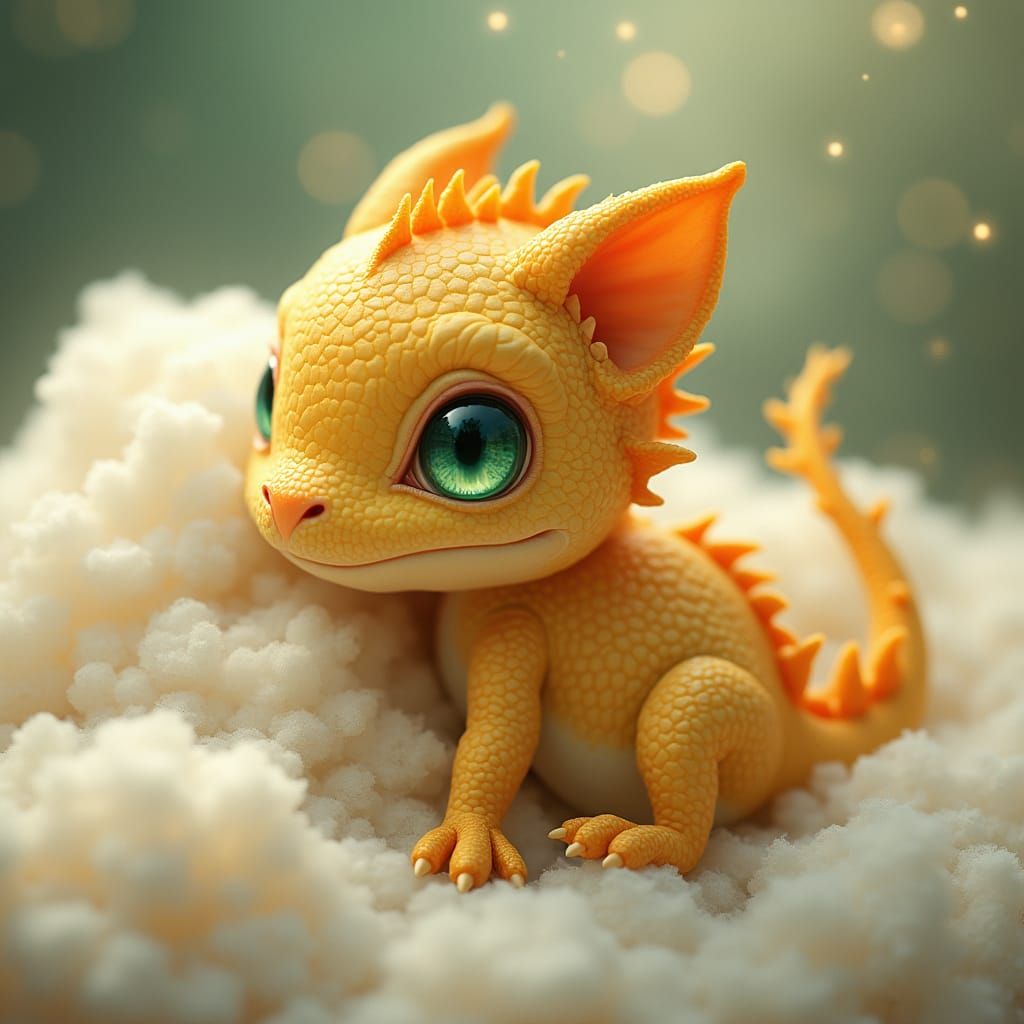 Golden Baby Dragon in Whimsical Dreamlike Atmosphere