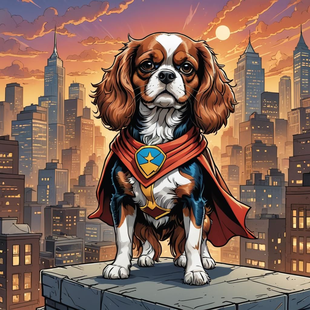 Cavalier Spaniel Superhero in Comic Book Style