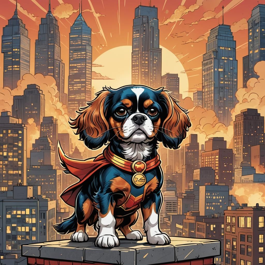 Cavalier Spaniel Superhero in Comic Book Style