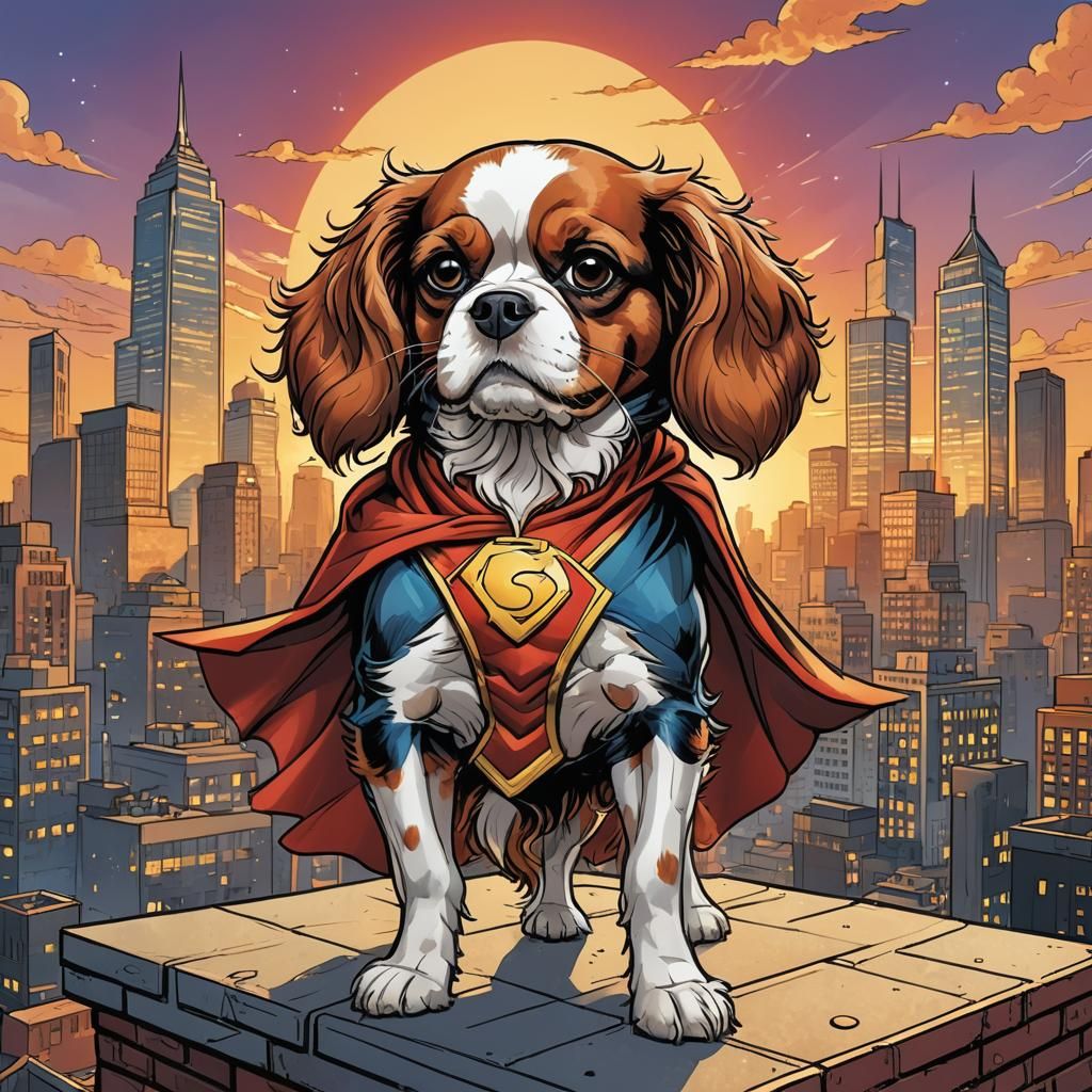Superhero Cavalier King Charles Spaniel in Comic Style