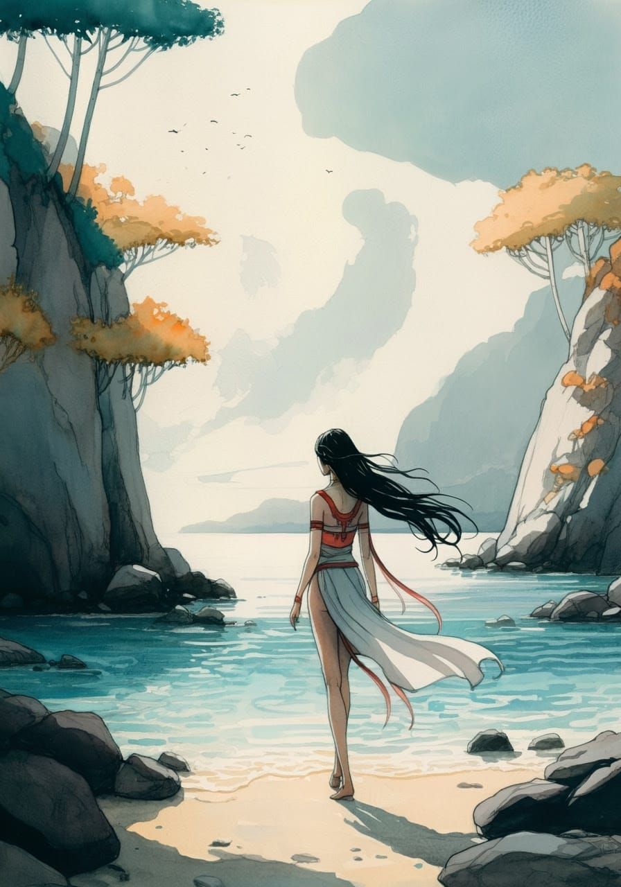 Fantasy Beach Scene in Minimalist Ink and Watercolor