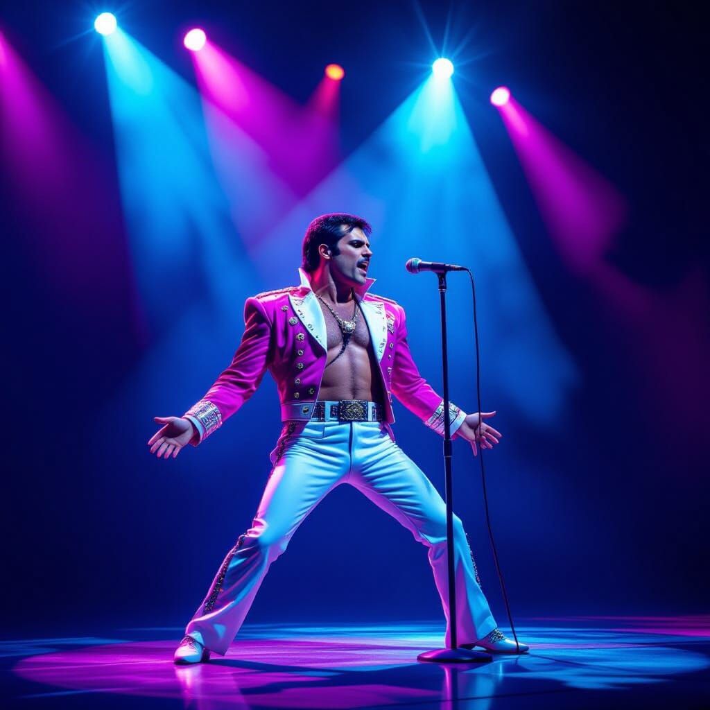 Freddie Mercury Live: Electric Blue and Magenta Stage Perfor...