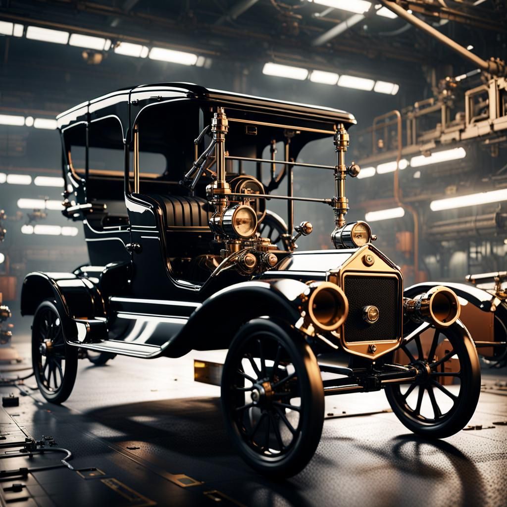 Futuristic Model T Assembly Line in Sci-Fi Style
