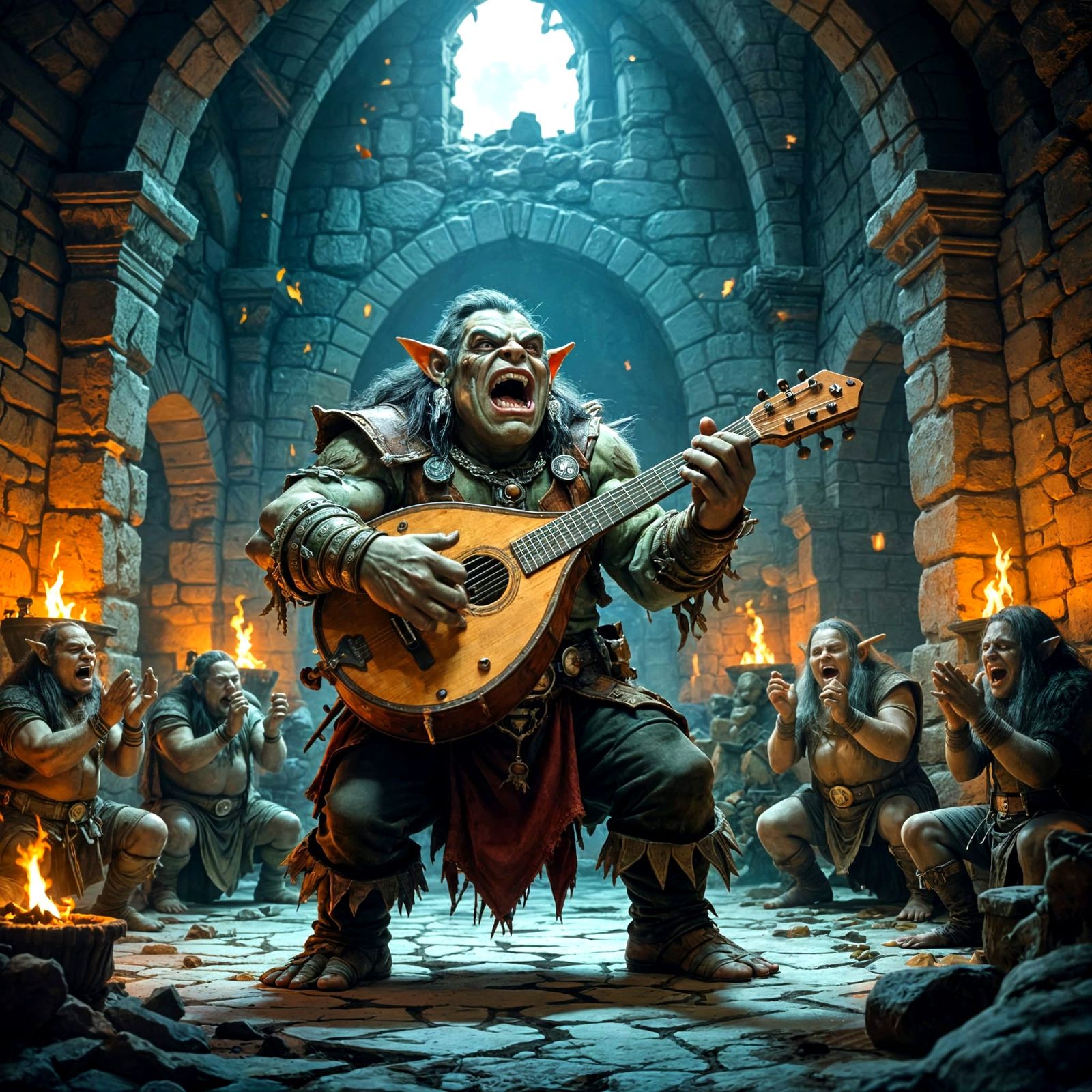 Grotesque Troll Bard Performance in Crumbling Tower