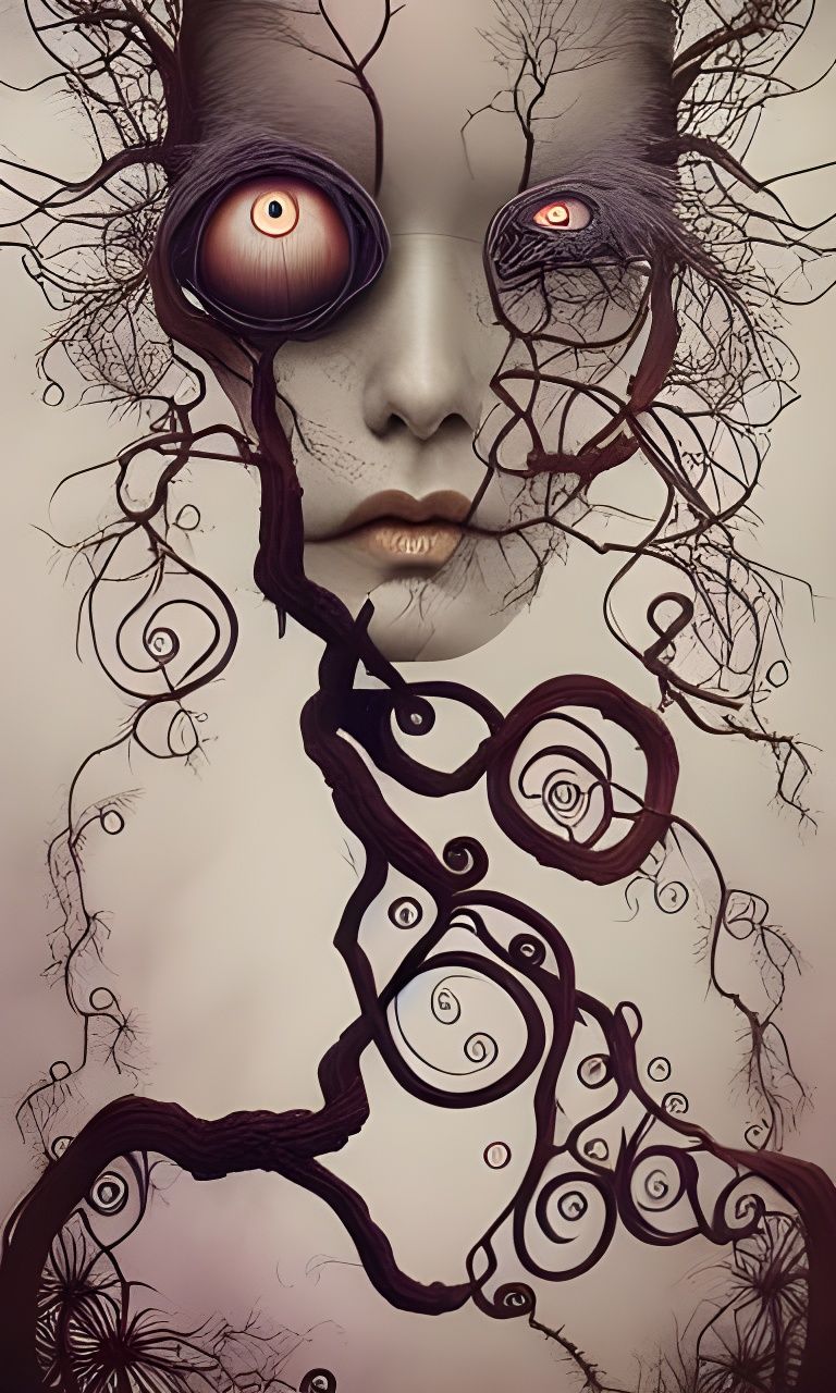 Surreal Dead Tree with Wildflowers and Fractal Face