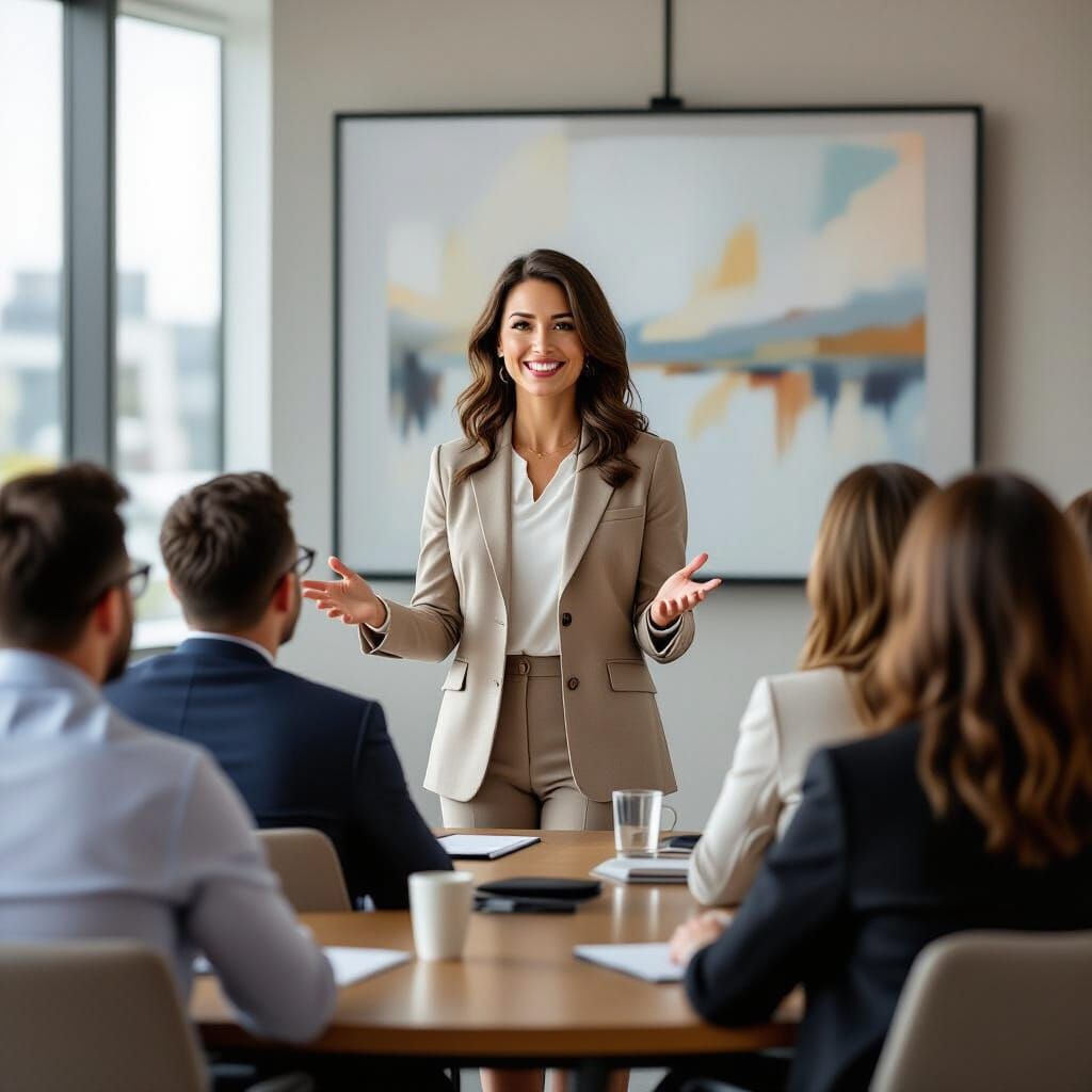 Professional Woman Presents in Modern Office with Soft Light...