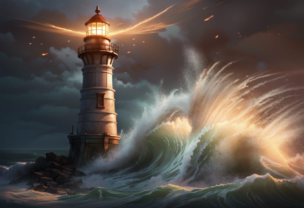 Lighthouse in Stormy Seas with Lightning, Digital Art