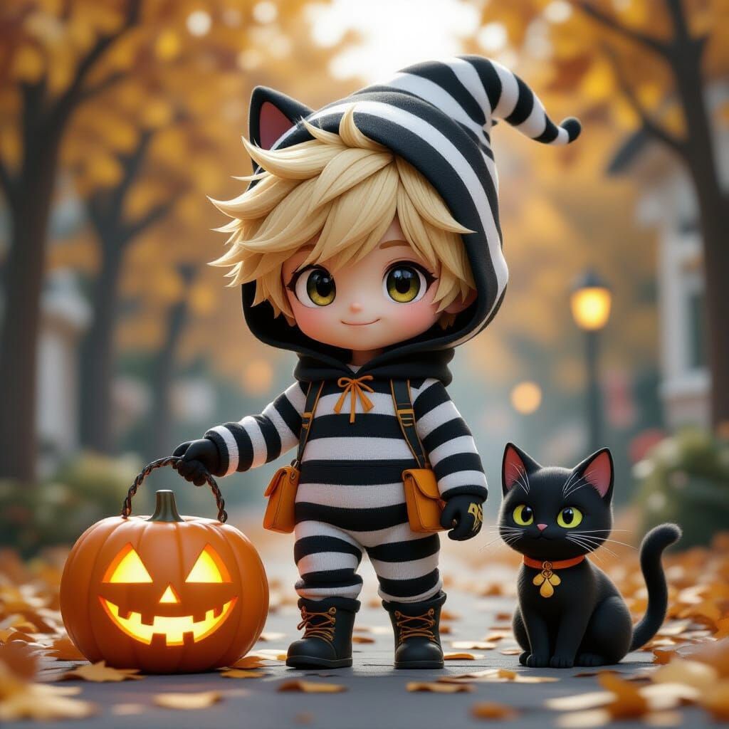 Whimsical Boy Gremlin Trick-or-Treating with Black Cat