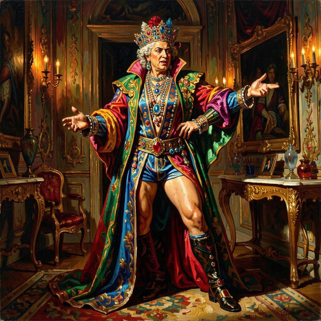 Extravagant Figure in Opulent Baroque Room Oil Painting