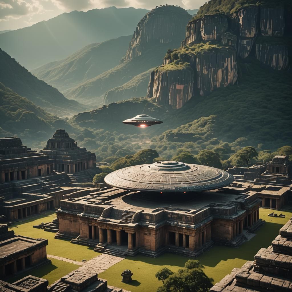 UFO Lands at Ancient Temple: Cinematic Film Still