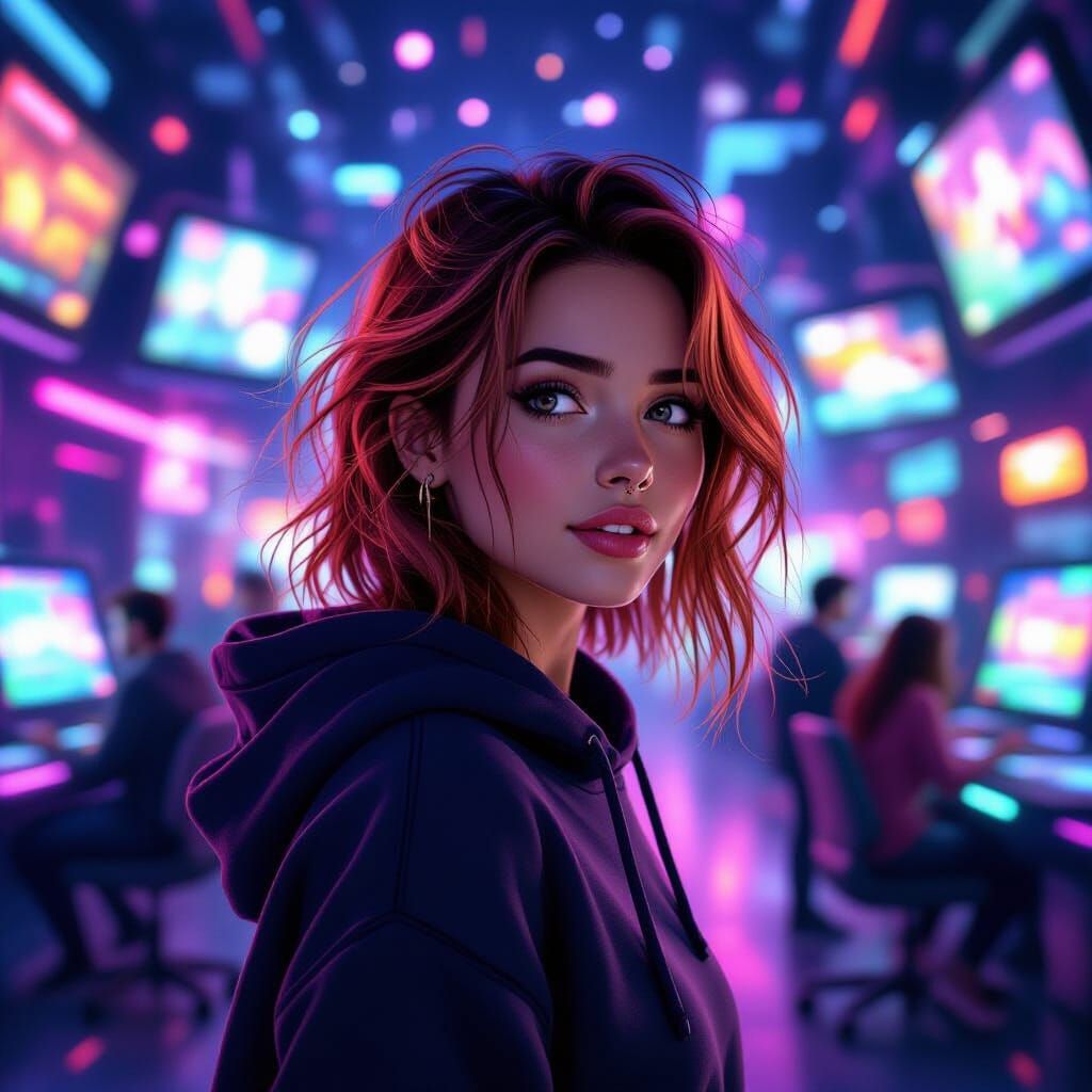 Young Woman Explores Vibrant Cyberpunk Gaming World