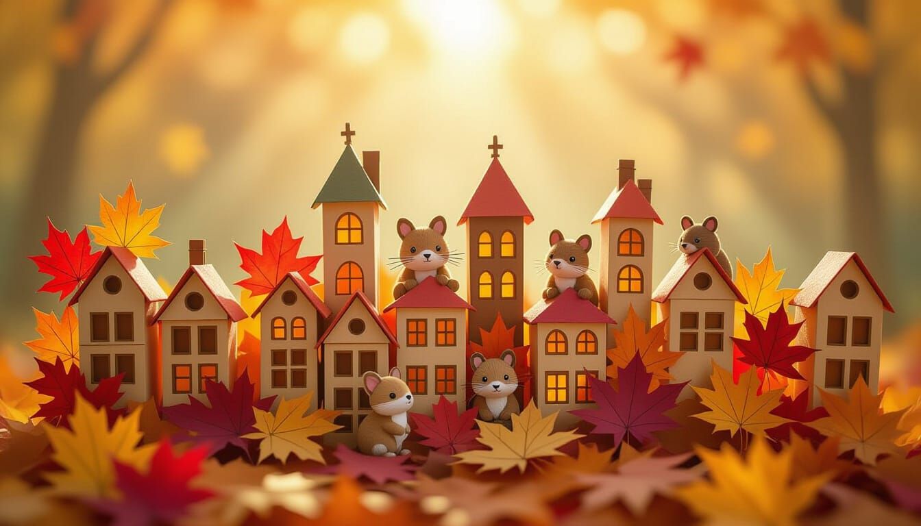 Origami Autumn Cityscape with Woodland Animals