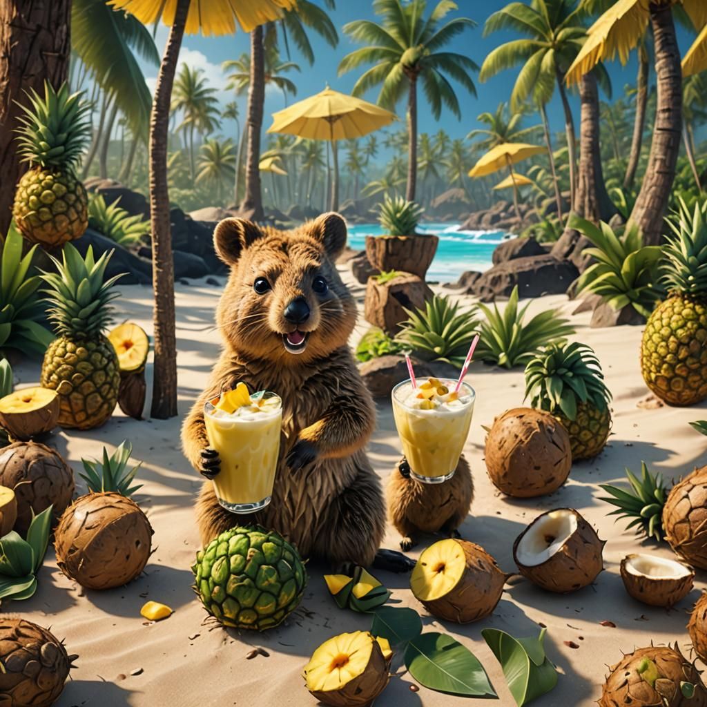 Quokka in Hawaii with Piña Colada, Detailed Painting
