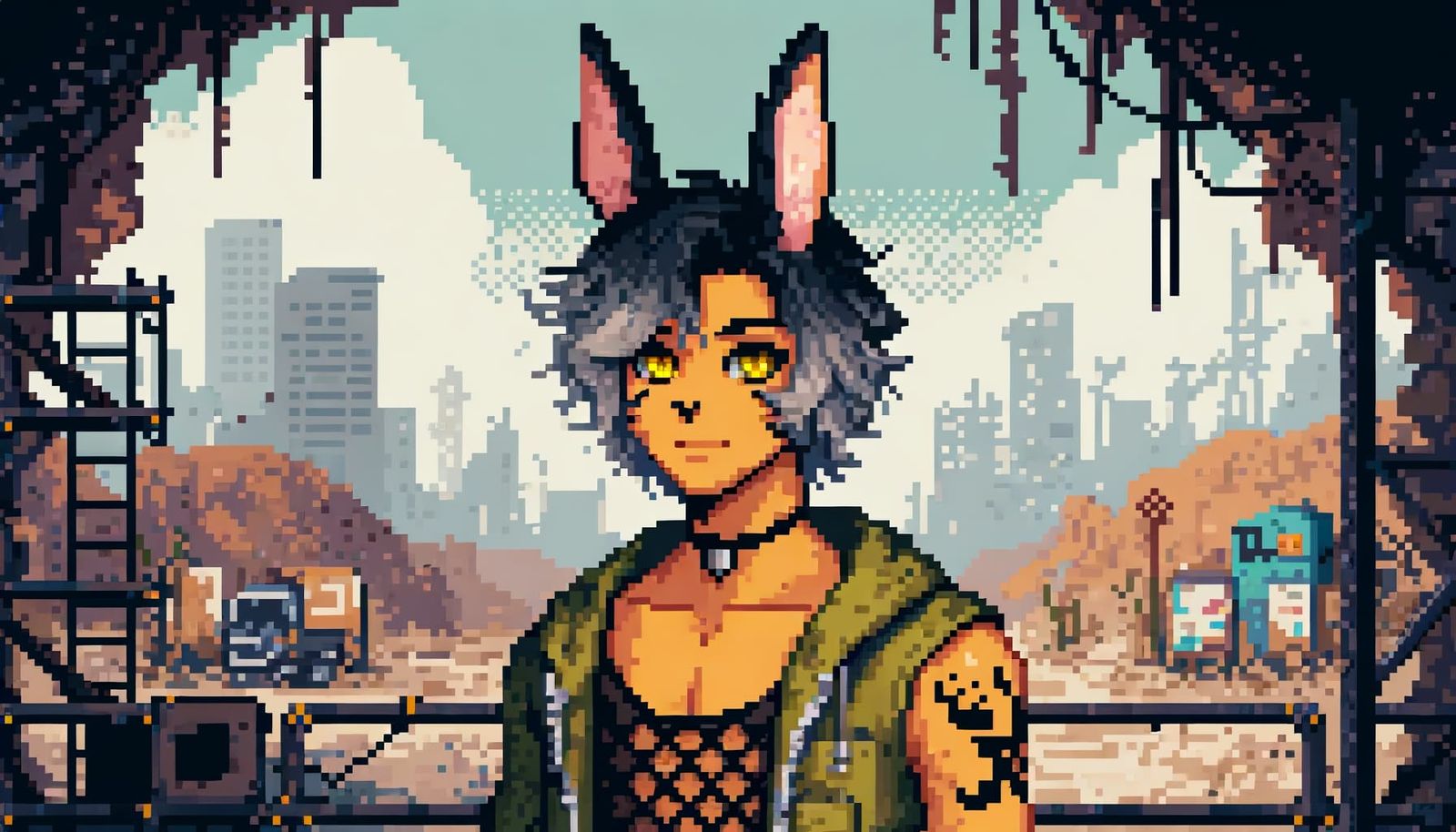 Pixel Art of Androgynous Character in Post-Apocalyptic World