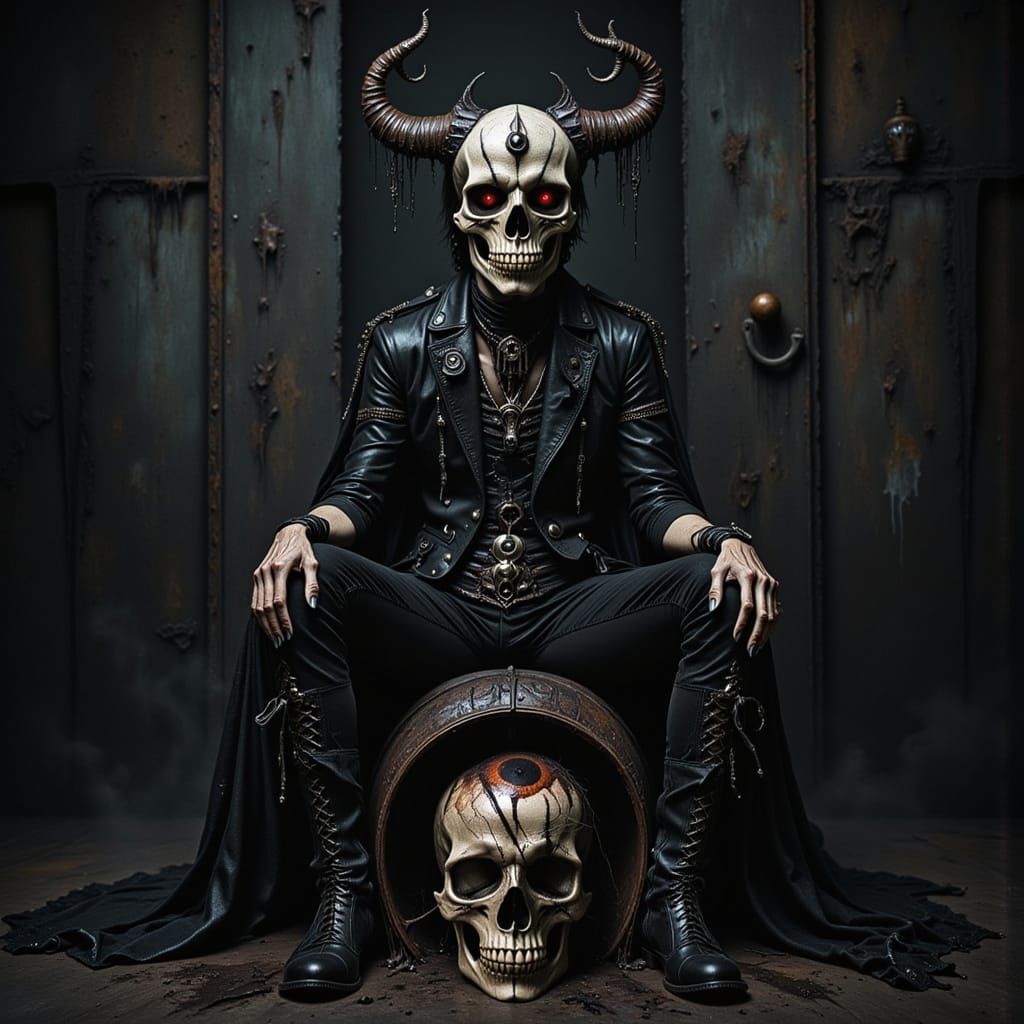 Evil Skull with Horns in Gothic Leather
