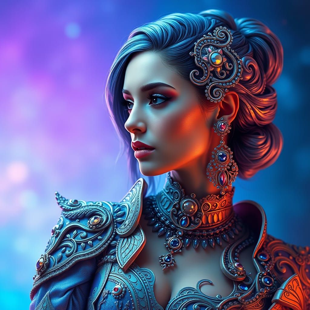 Futuristic Woman in Ornate Gemstone Jewelry