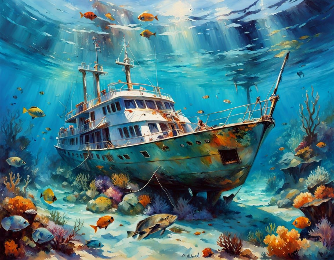 Underwater Shipwreck in Coral Reef: Watercolor Painting