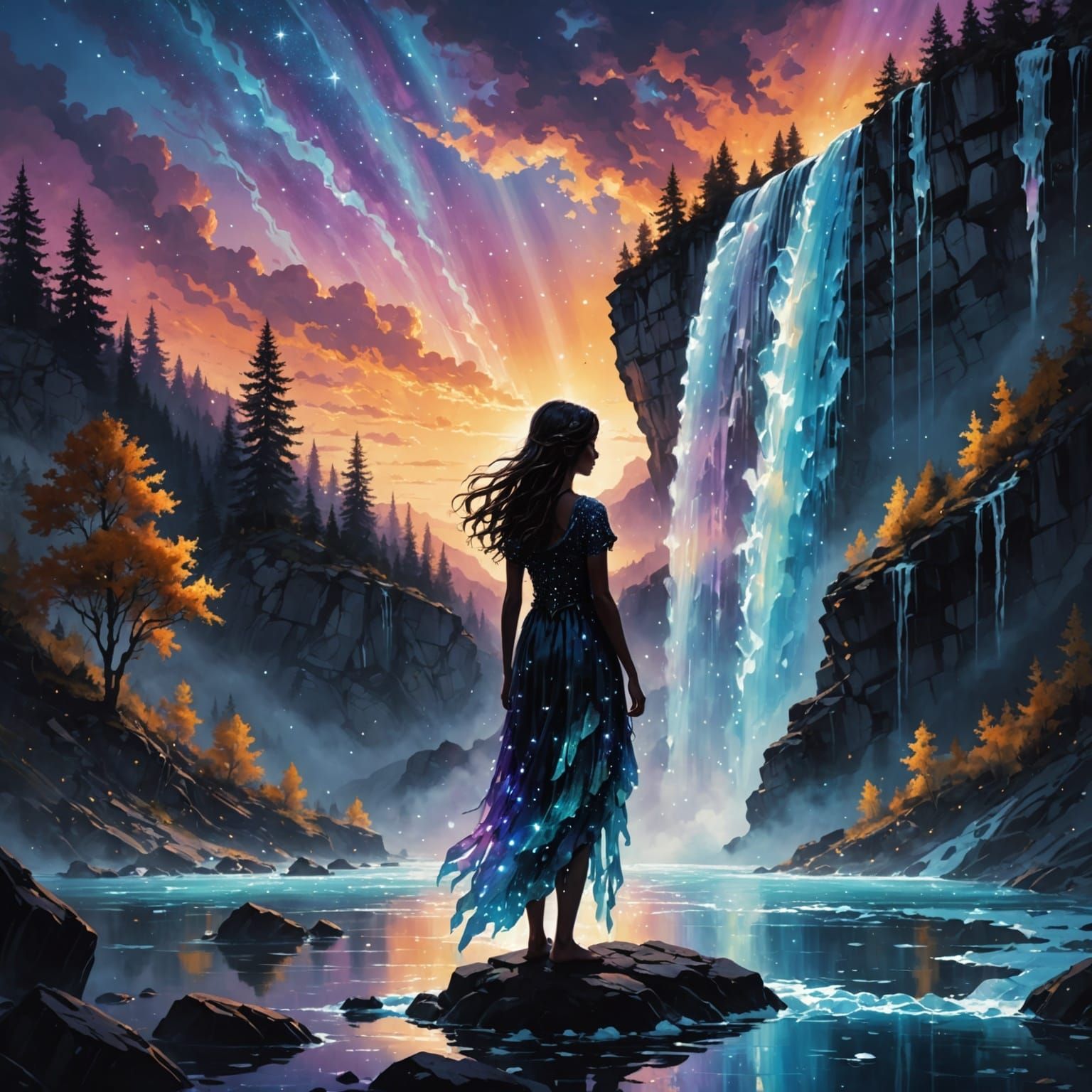 Opalescent Waterfall Silhouette in Fantasy Style