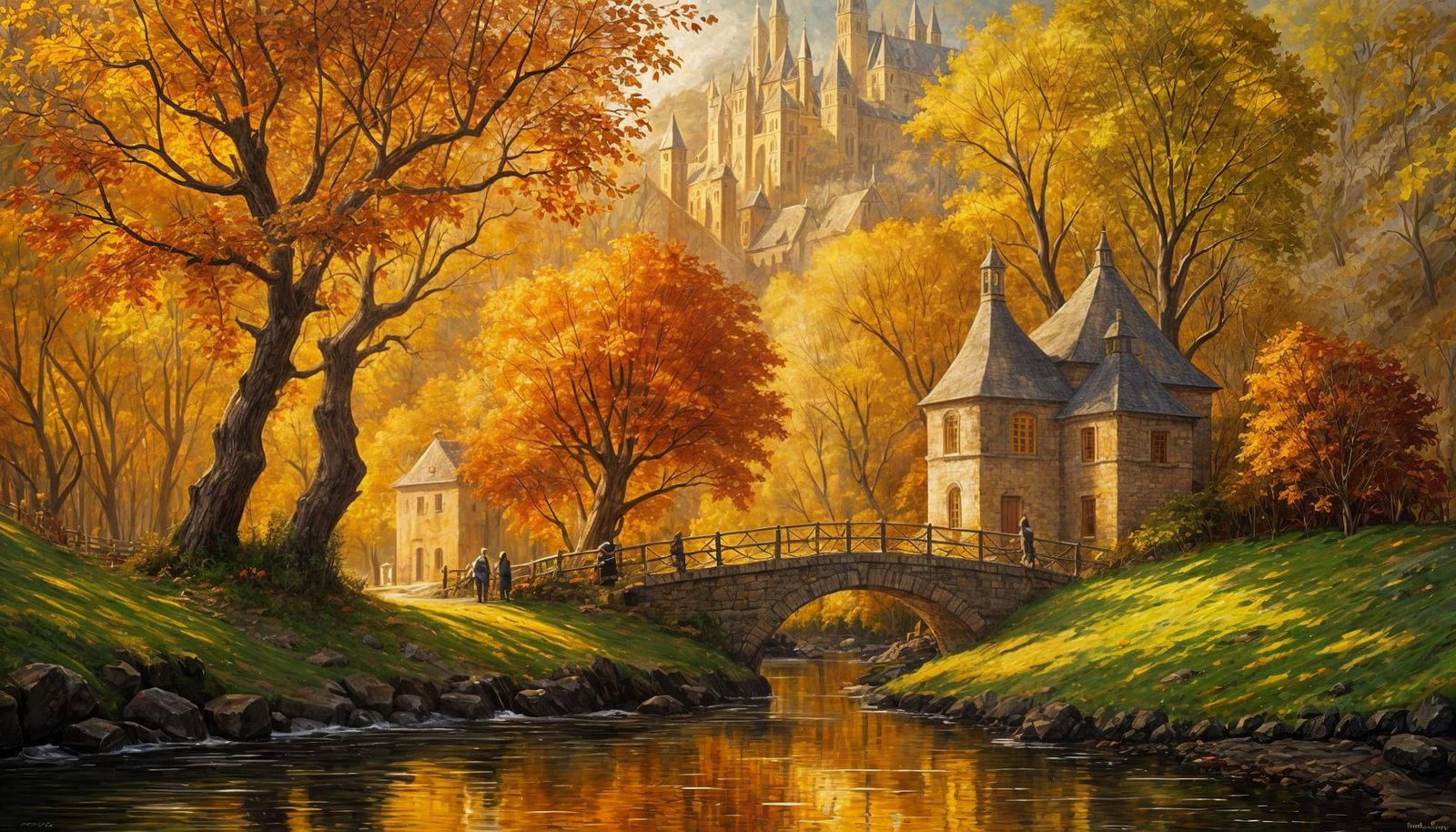 Medieval Village Autumn Landscape Oil Painting