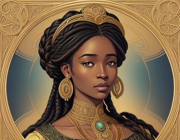 African Princess Portrait in Golden Art Nouveau Frame