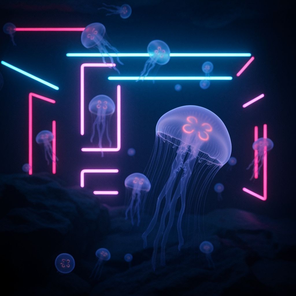 Bioluminescent Jellyfish Drifting in a Neon Lit Ocean