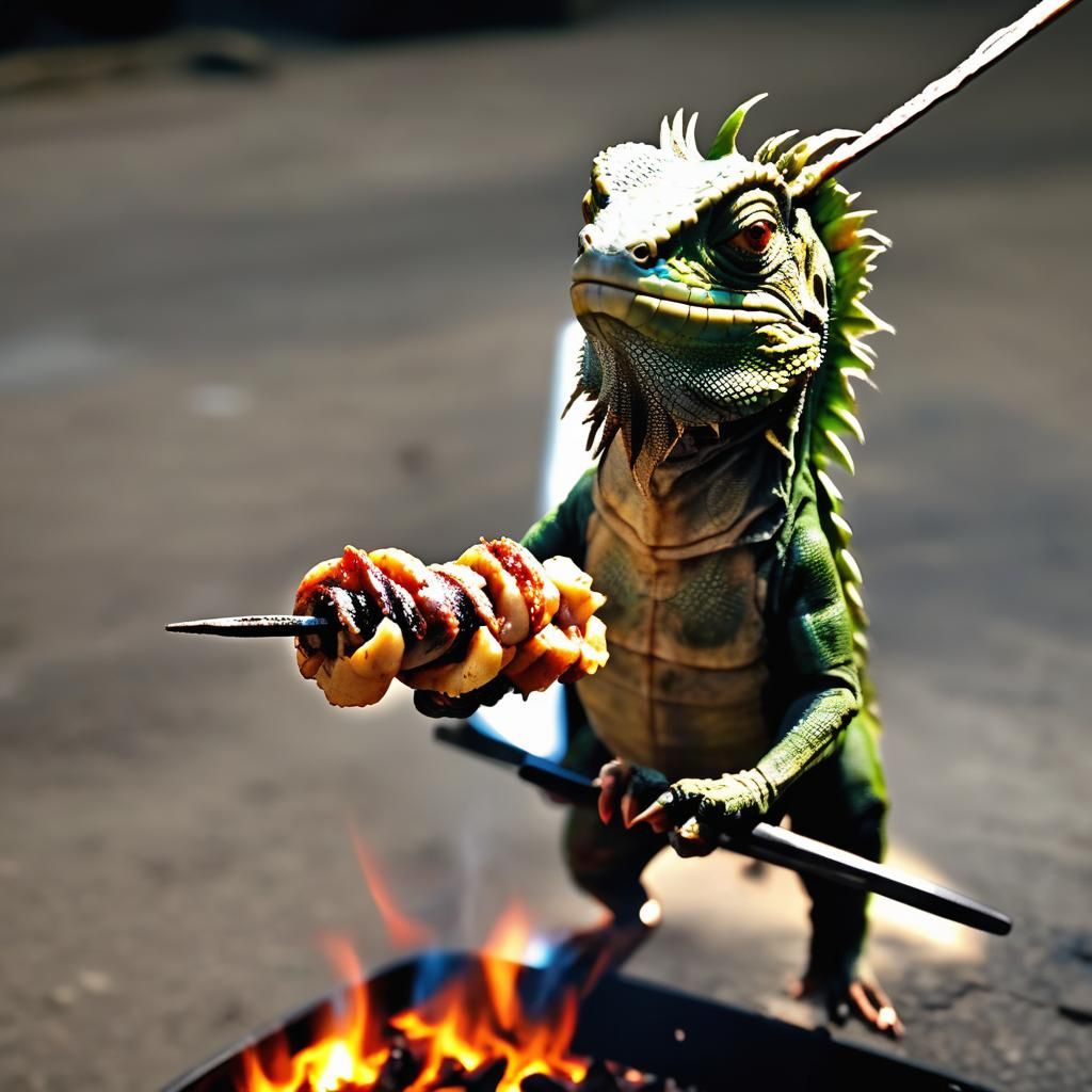 (Roasted Barbequed Cooked Extra Crispy Delicious Iguana On A Skewer/Stick Shish kebab As Grilled Cooked Street Food Bein...