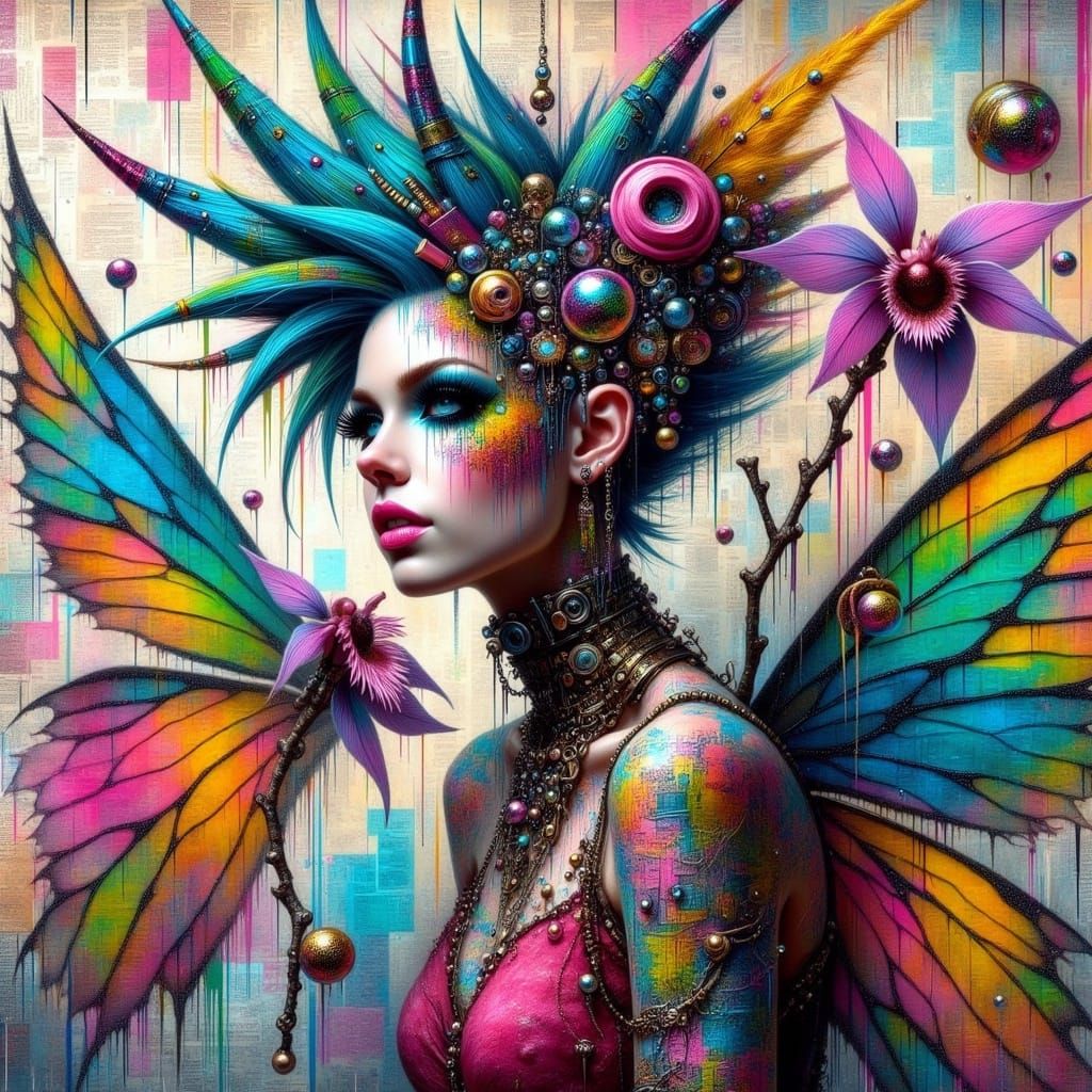 <lora:Fairy Punk:1.0> Vibrant, flamboyant performer with an exaggerated, geometric hairstyle and avant-garde fashion sen...