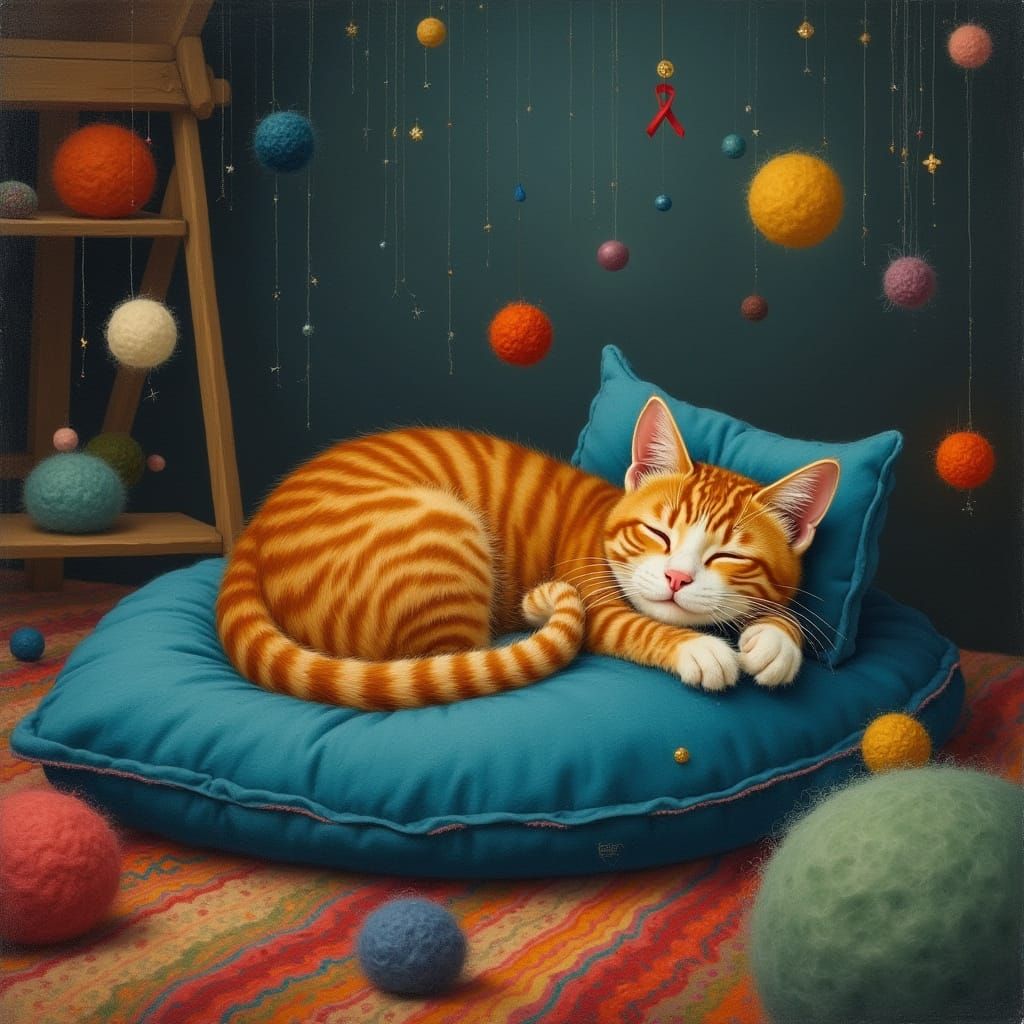Orange Cat's Dream: Whimsical Art Illustration