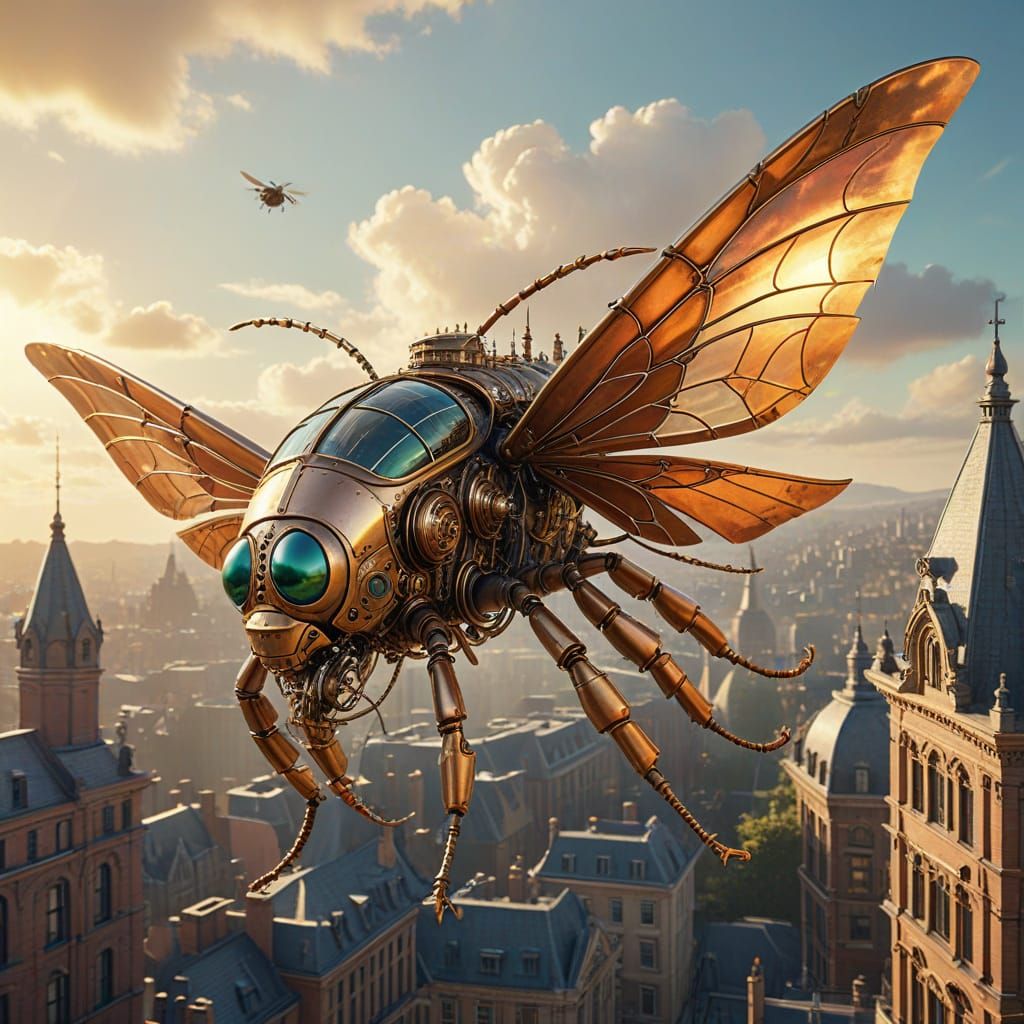 Steampunk Beetle Airship Soaring Over Victorian City