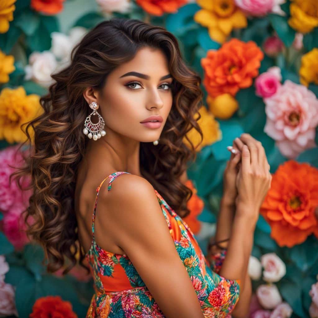 view of a beautiful young Latina with wavy hair, minimalist ...