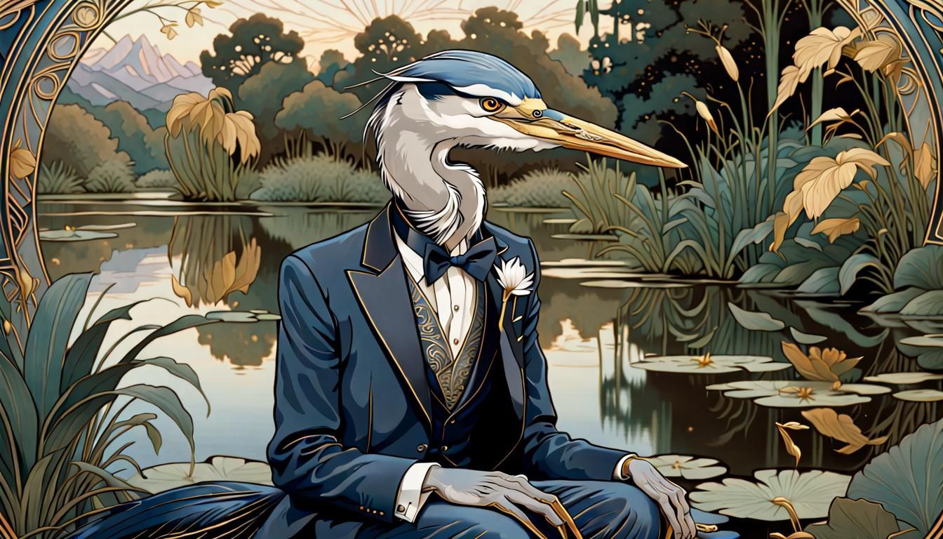 Elegant Heron in Art Nouveau Style Tuxedo
