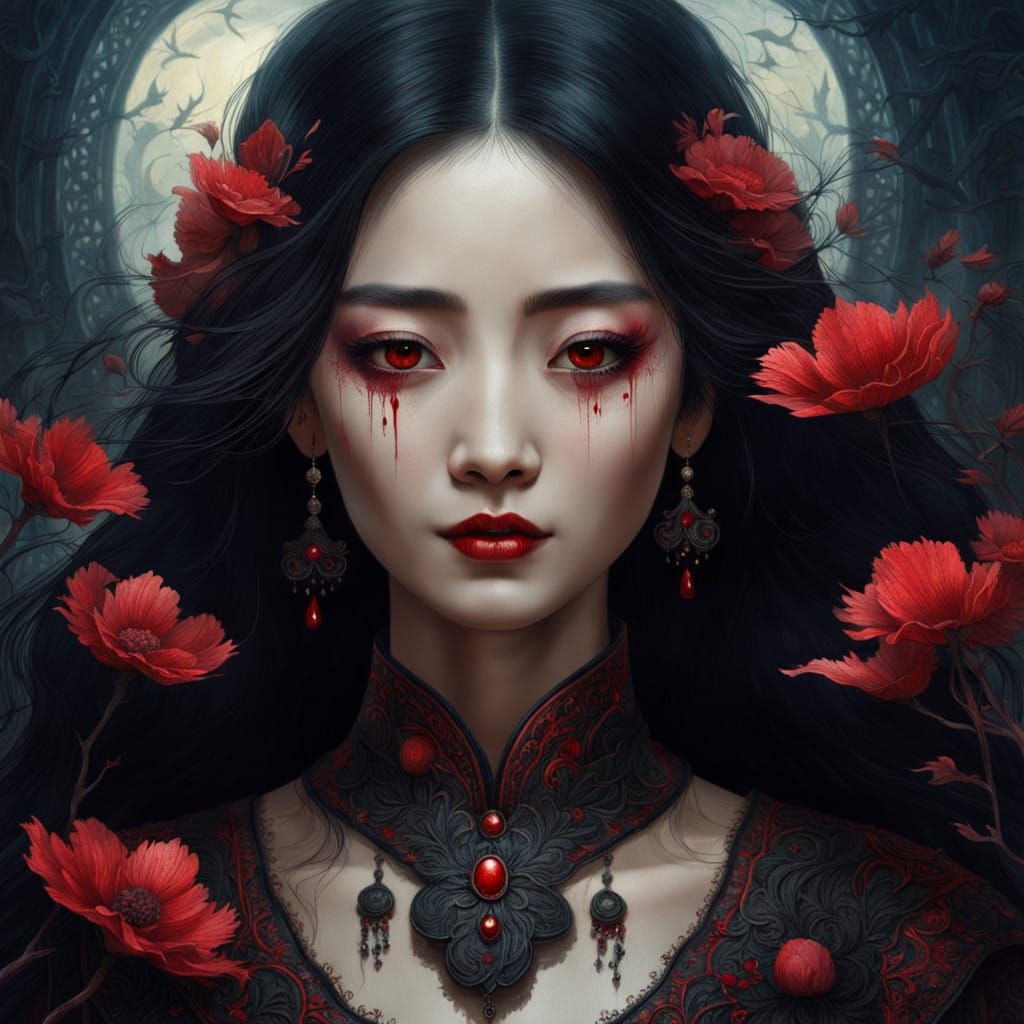 A Darkly Beautiful Asian Vampire in Victorian Gown