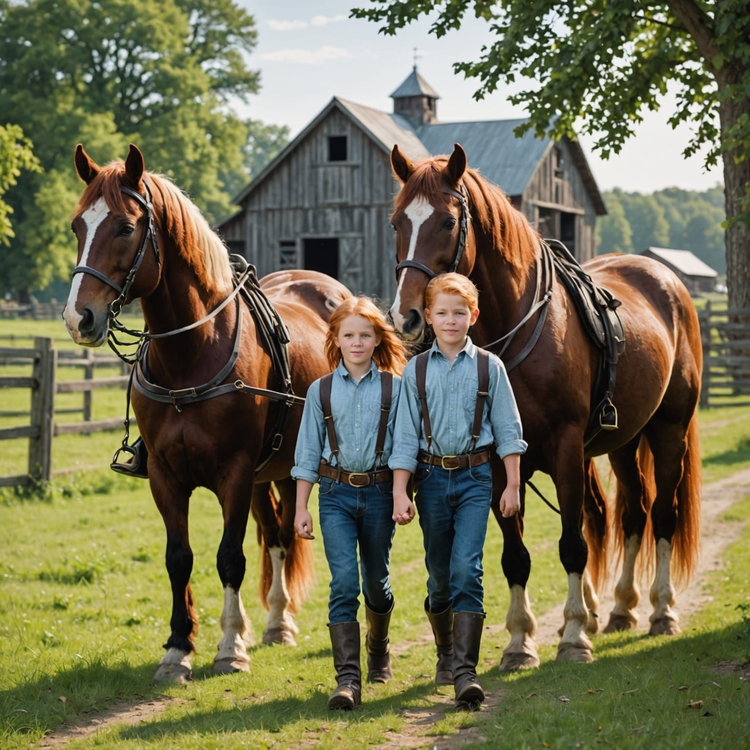 Young Friends Lead Majestic Percheron Horses Home
