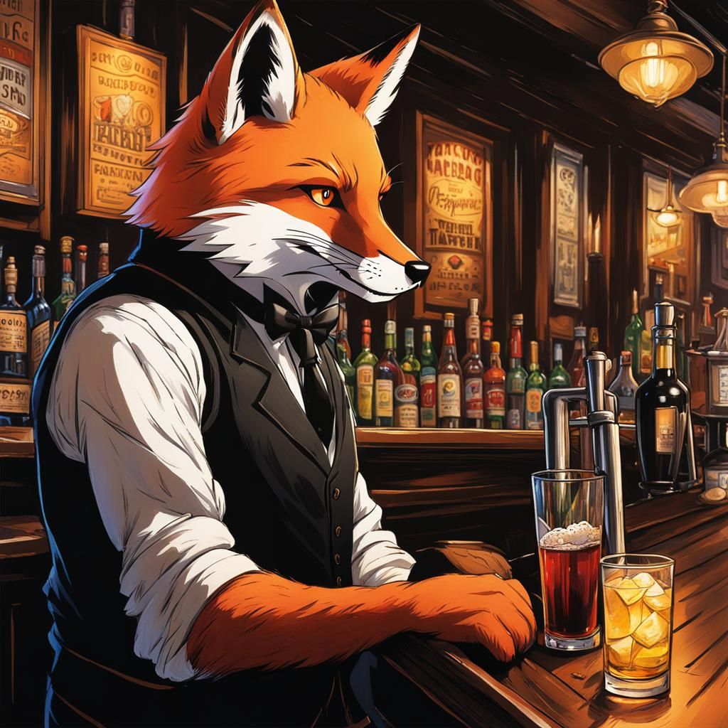 Anime Fox Bartender in Sunlit Tavern