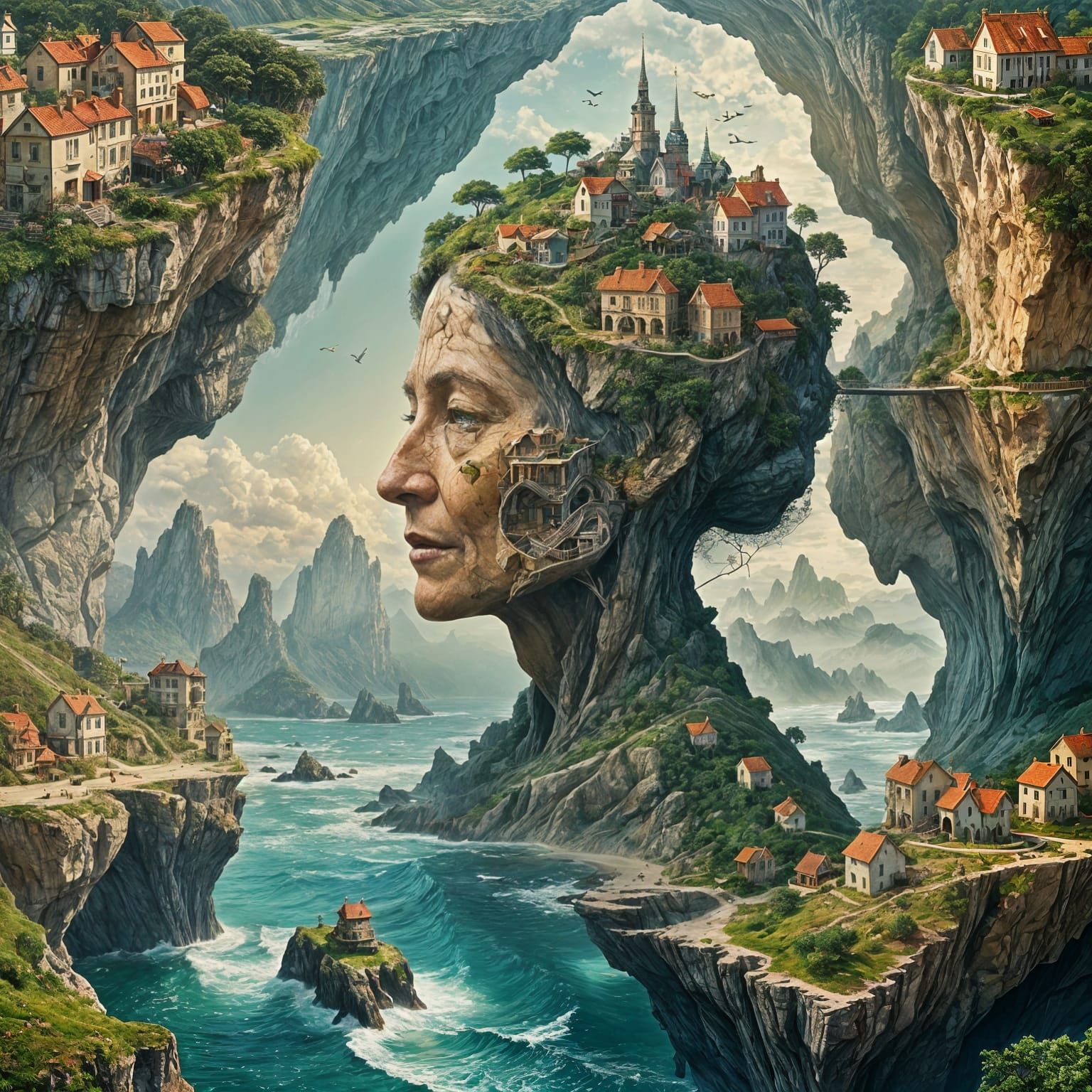 Surreal Double Exposure: Grandmother and Coastline