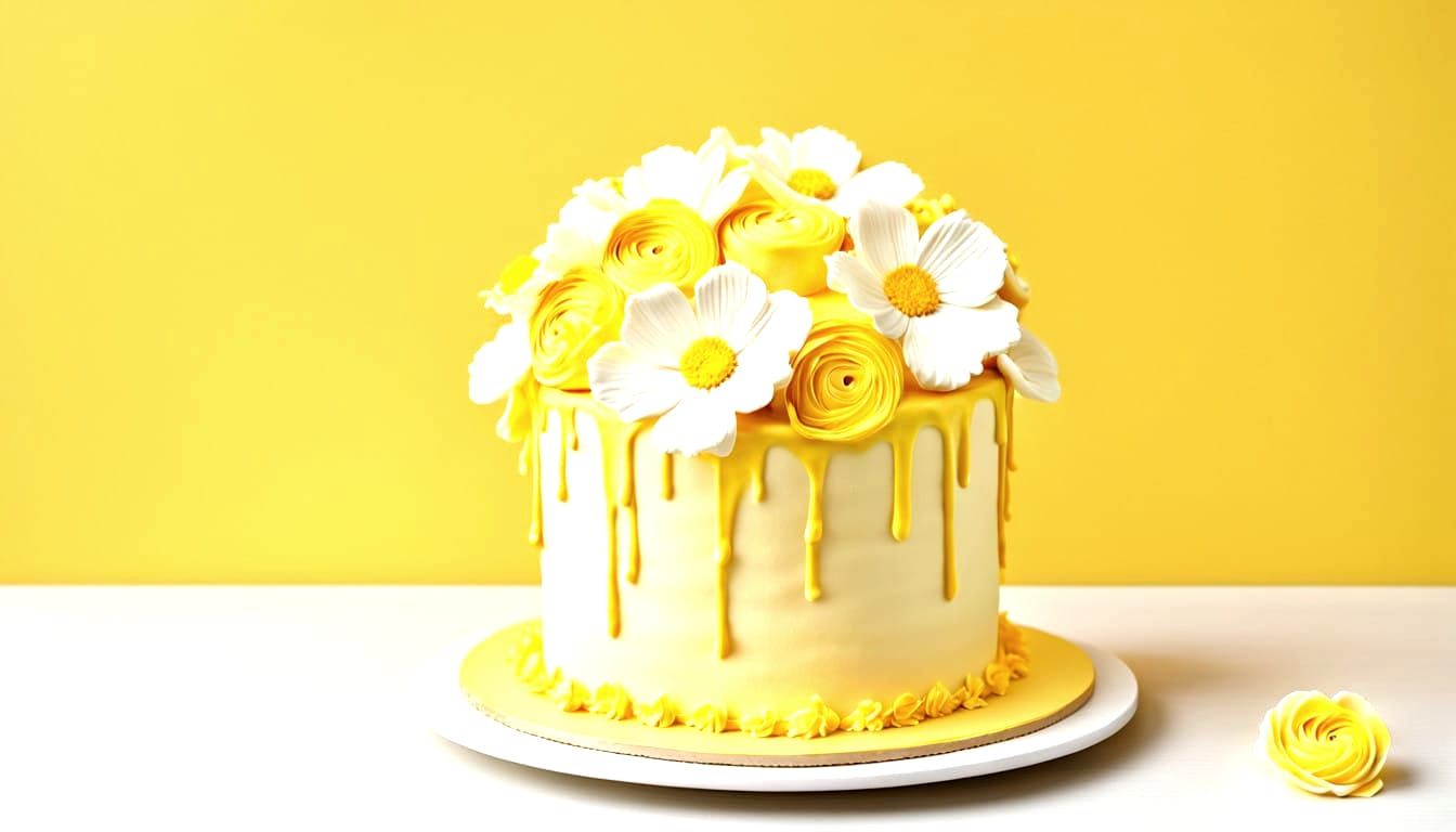Impasto-Textured Pastel Cake on a Sunny Yellow Table
