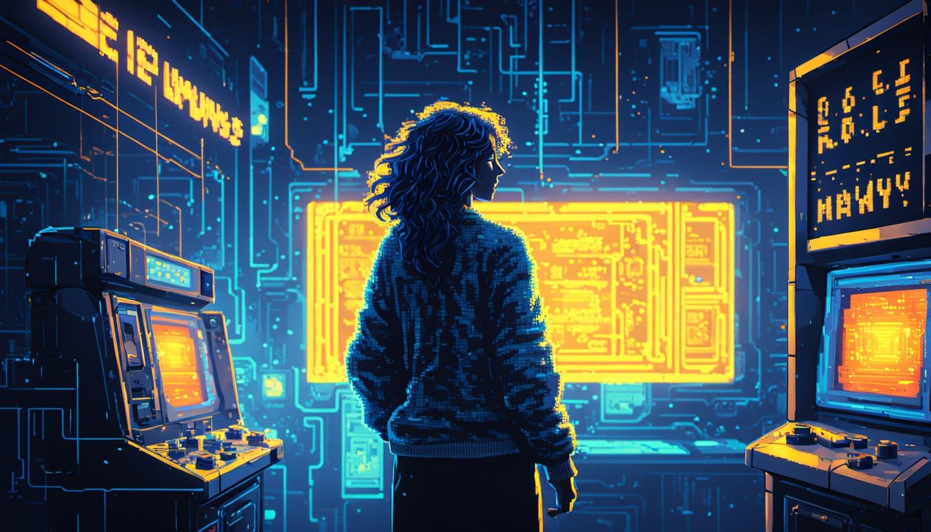 Retro-Futuristic Pixel Art Couple in a Neon-Lit Bar