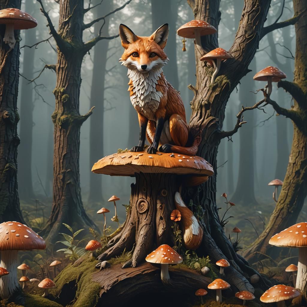 Intricate Wooden Carving of Fox in Forest